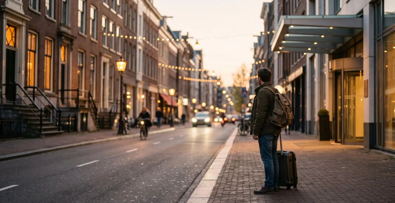 A traveler standing at a symbolic crossroads between a classic American brownstone and a modern hotel facade in a major US city