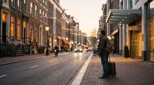 A traveler standing at a symbolic crossroads between a classic American brownstone and a modern hotel facade in a major US city