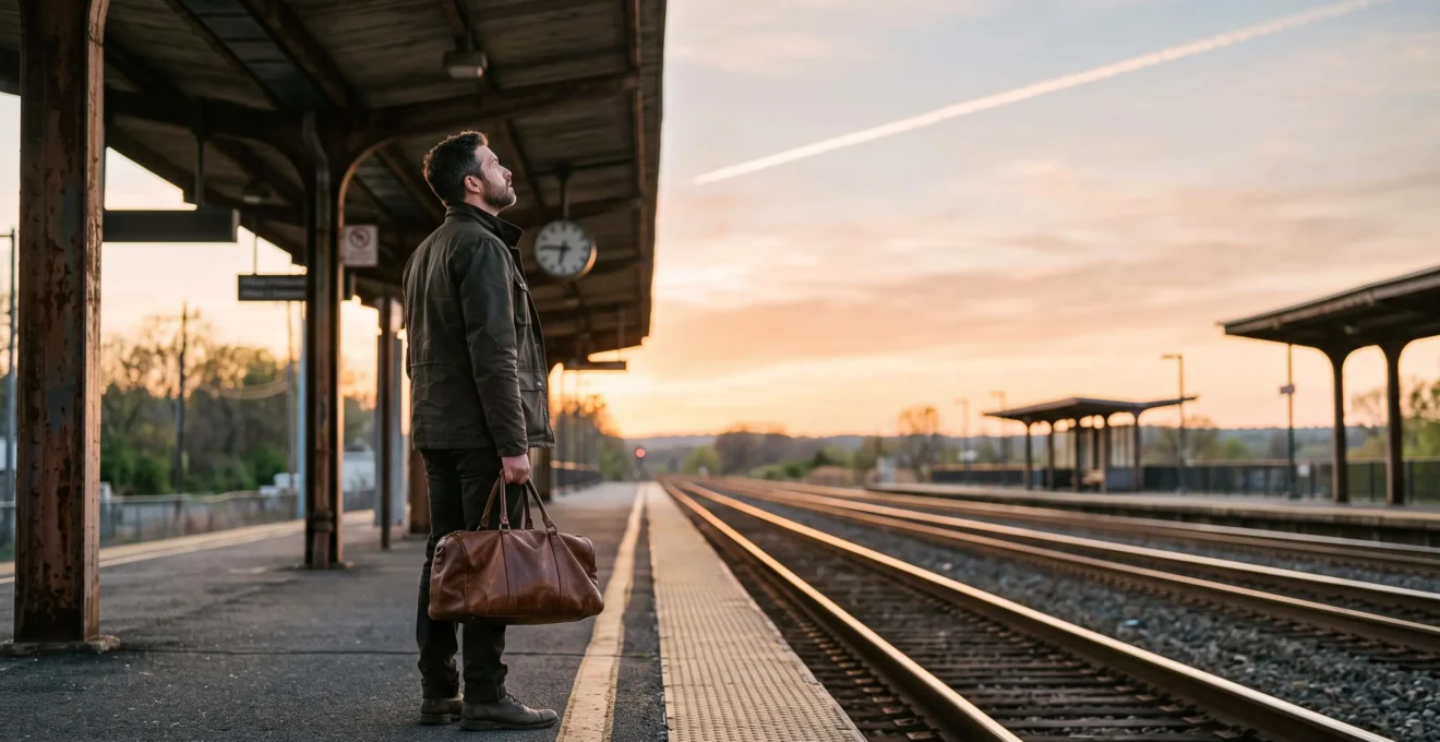 A lone traveler standing on a train platform at dawn, looking between railway tracks and a distant contrail in the sky, symbolizing the choice between train and plane travel across the USA
