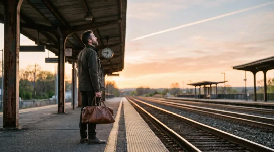 A lone traveler standing on a train platform at dawn, looking between railway tracks and a distant contrail in the sky, symbolizing the choice between train and plane travel across the USA