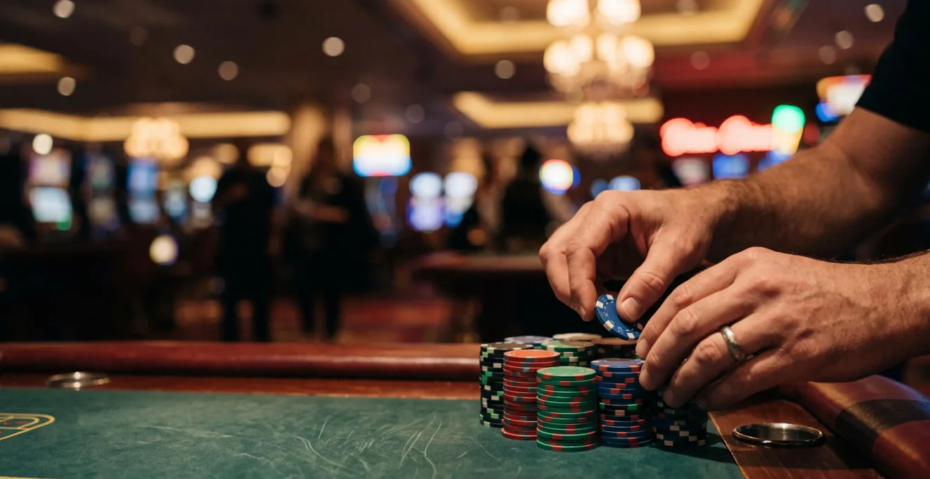 Close-up of hands carefully counting and stacking casino chips against a softly blurred Las Vegas casino floor, symbolizing disciplined bankroll management.