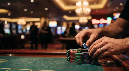 Close-up of hands carefully counting and stacking casino chips against a softly blurred Las Vegas casino floor, symbolizing disciplined bankroll management.