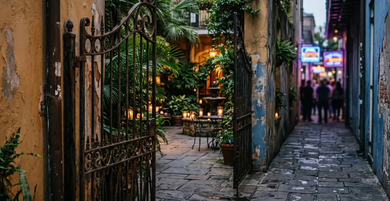 An ornate wrought-iron gate ajar revealing a tranquil hidden courtyard beyond the distant glow of Bourbon Street