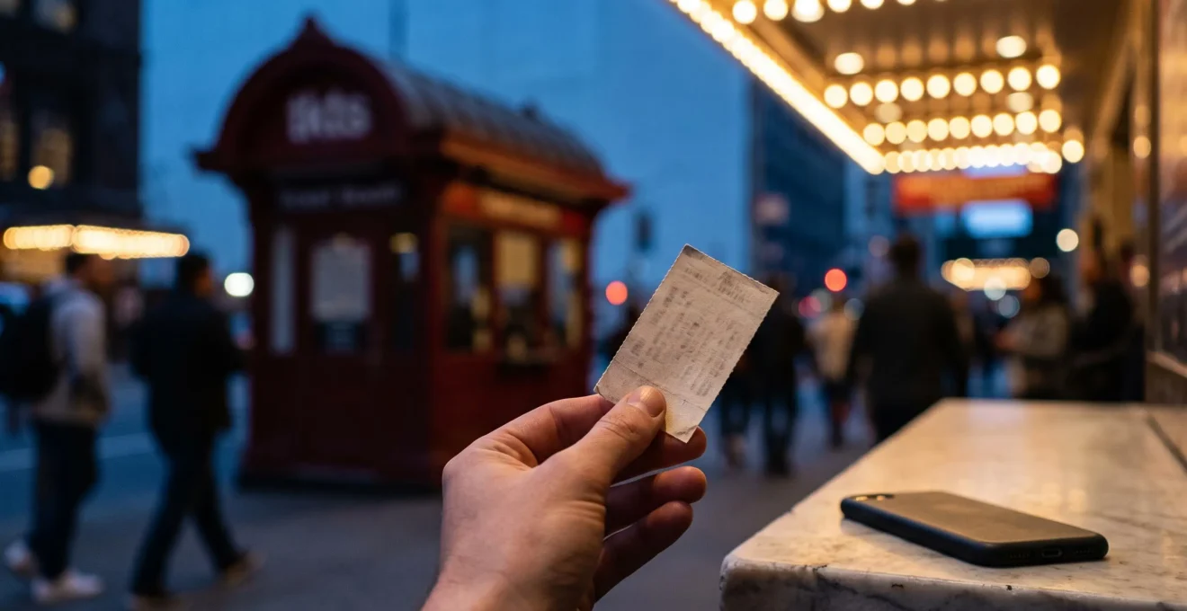 A theatergoer's hand holding a physical ticket stub with the glowing lights of a Times Square theater marquee softly blurred in the background at dusk