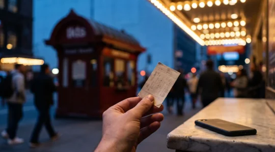 A theatergoer's hand holding a physical ticket stub with the glowing lights of a Times Square theater marquee softly blurred in the background at dusk
