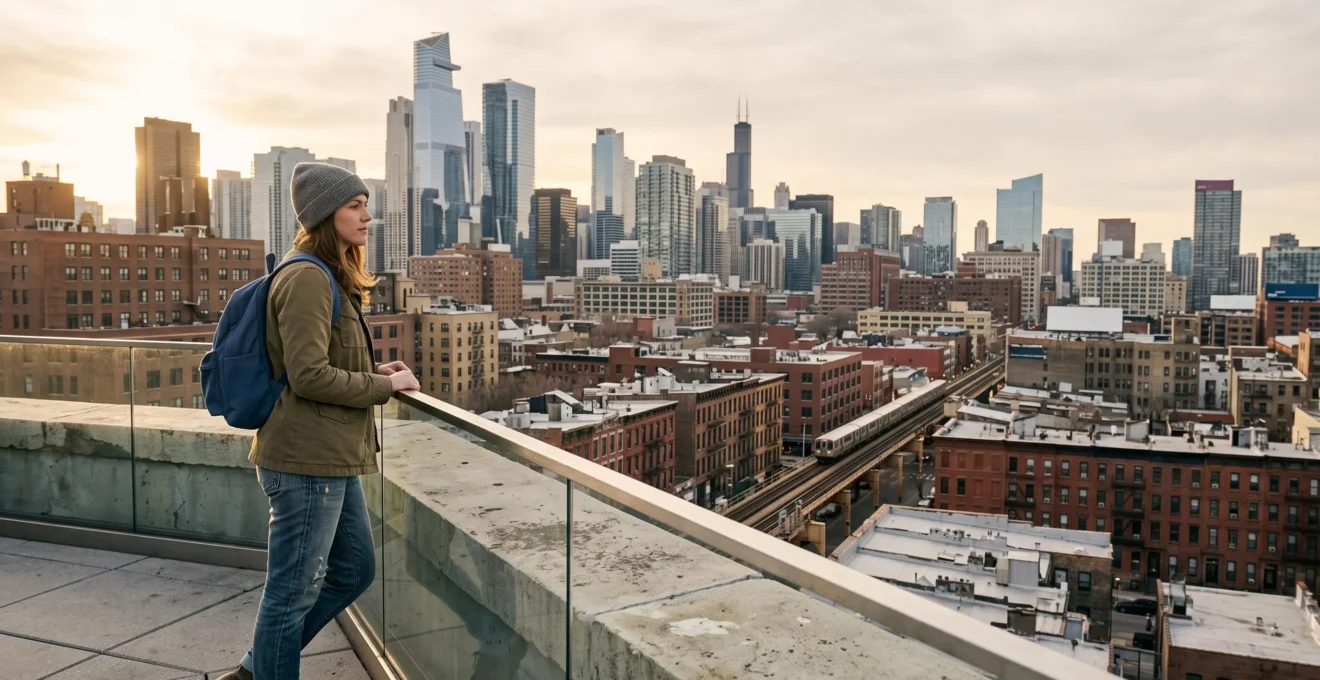 A traveler with a backpack looking out over a major US city skyline at golden hour, symbolizing affordable exploration of NYC and Chicago