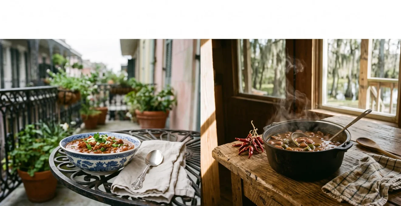 A split table scene contrasting an elegant New Orleans courtyard dining setting with a rustic Cajun country kitchen table, symbolizing the culinary divide between Creole and Cajun Louisiana.