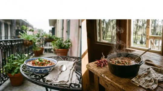 A split table scene contrasting an elegant New Orleans courtyard dining setting with a rustic Cajun country kitchen table, symbolizing the culinary divide between Creole and Cajun Louisiana.