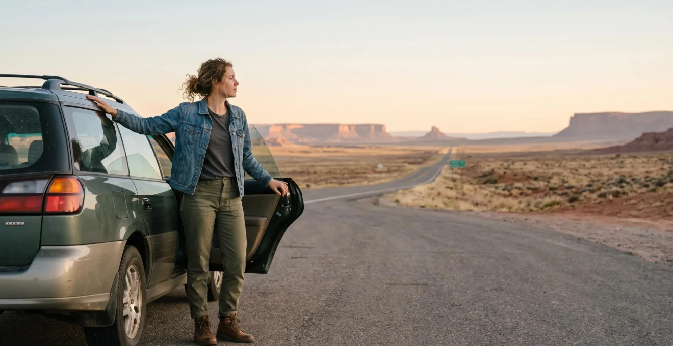 Traveler standing beside a parked SUV on an open American highway, reviewing rental car insurance options before a road trip