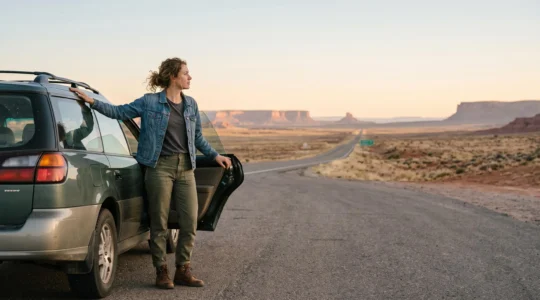 Traveler standing beside a parked SUV on an open American highway, reviewing rental car insurance options before a road trip