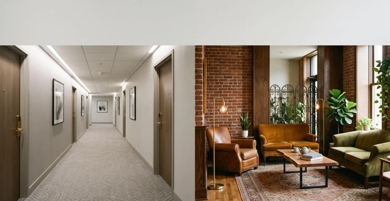Split visual composition contrasting a sleek standardized American hotel corridor with a warm, artistic neighborhood boutique hotel lobby