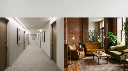 Split visual composition contrasting a sleek standardized American hotel corridor with a warm, artistic neighborhood boutique hotel lobby