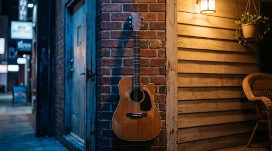 Split night scene evoking the electric blues clubs of Chicago and the acoustic porches of the Mississippi Delta near Memphis