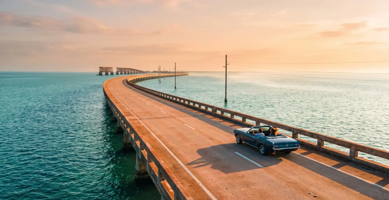 A classic convertible car driving alone on a narrow bridge highway surrounded by turquoise ocean on the way to Key West at golden hour