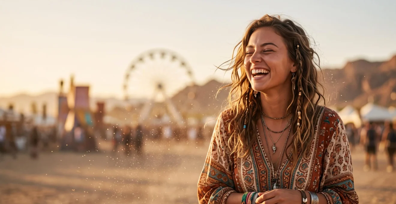 A festival-goer bathed in golden hour desert light, embodying the joy and endurance of a Coachella weekend