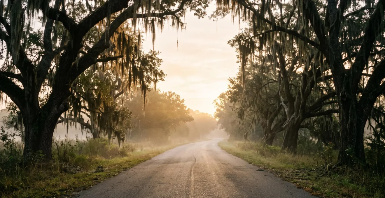 A quiet two-lane Southern road flanked by moss-draped oak trees under soft dawn light, symbolizing a journey into history