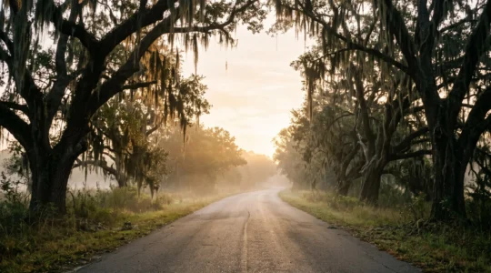A quiet two-lane Southern road flanked by moss-draped oak trees under soft dawn light, symbolizing a journey into history