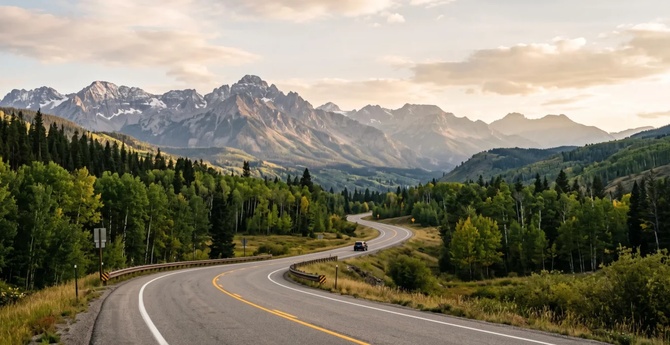 Winding mountain highway leading toward snow-capped Colorado peaks under golden summer light, symbolizing a Denver to Aspen road trip