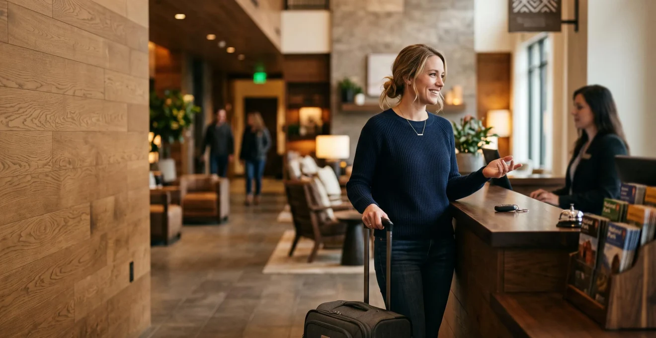 Traveler at a modern American hotel front desk deciding between booking options, symbolizing the choice between direct and third-party reservations