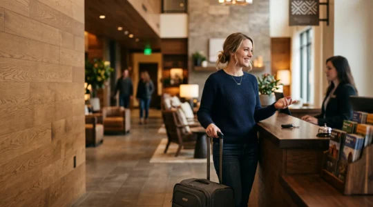 Traveler at a modern American hotel front desk deciding between booking options, symbolizing the choice between direct and third-party reservations