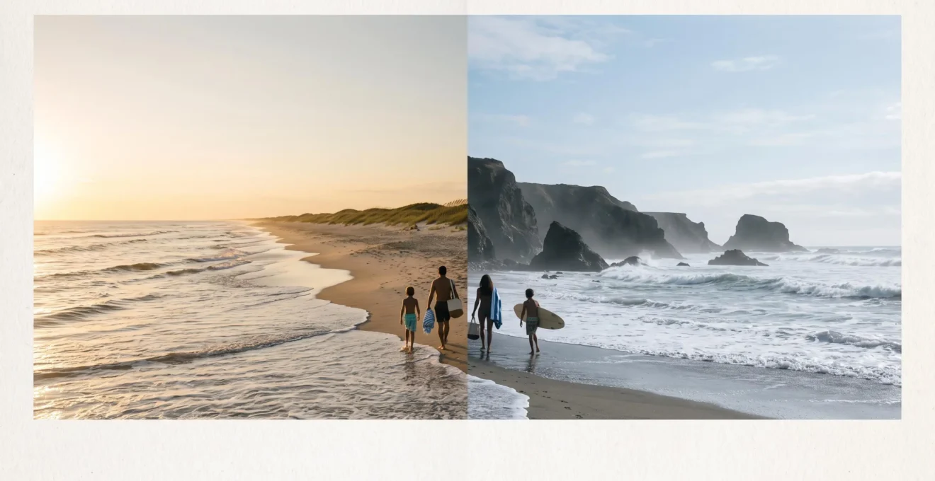 Split composition evoking the choice between an Atlantic sunrise beach and a Pacific sunset coastline for a family vacation in the USA