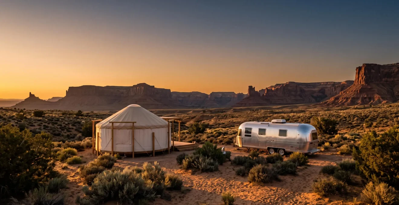 Wide editorial shot of a glamping yurt and a vintage Airstream trailer nestled in a dramatic American desert landscape at golden hour