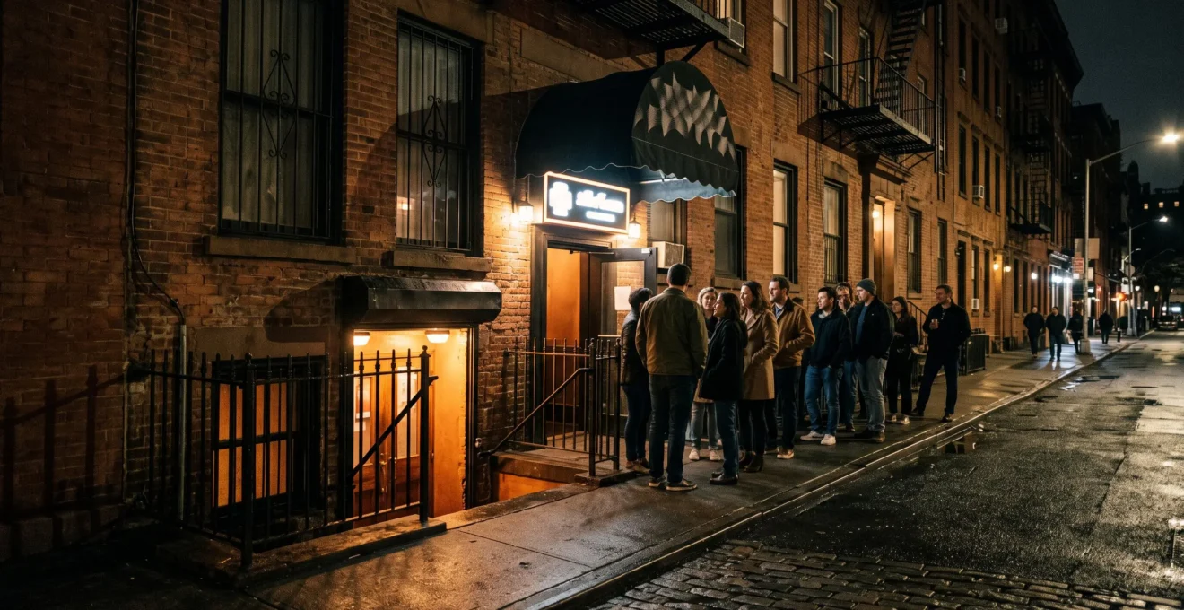 Moody nighttime view of a classic Greenwich Village comedy club entrance in New York City
