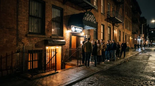 Moody nighttime view of a classic Greenwich Village comedy club entrance in New York City