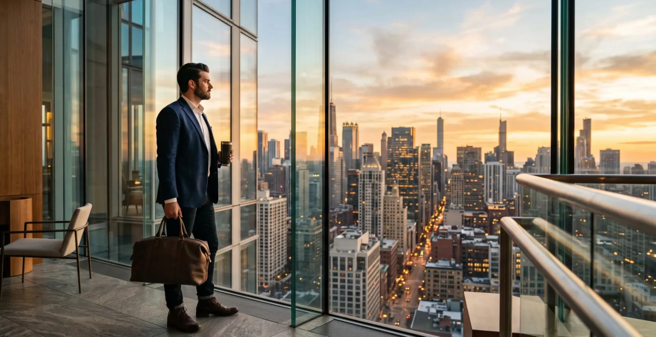 A guest stepping into the sunlit lobby of a high-rise luxury hotel with a US city skyline visible through floor-to-ceiling windows.