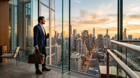 A guest stepping into the sunlit lobby of a high-rise luxury hotel with a US city skyline visible through floor-to-ceiling windows.