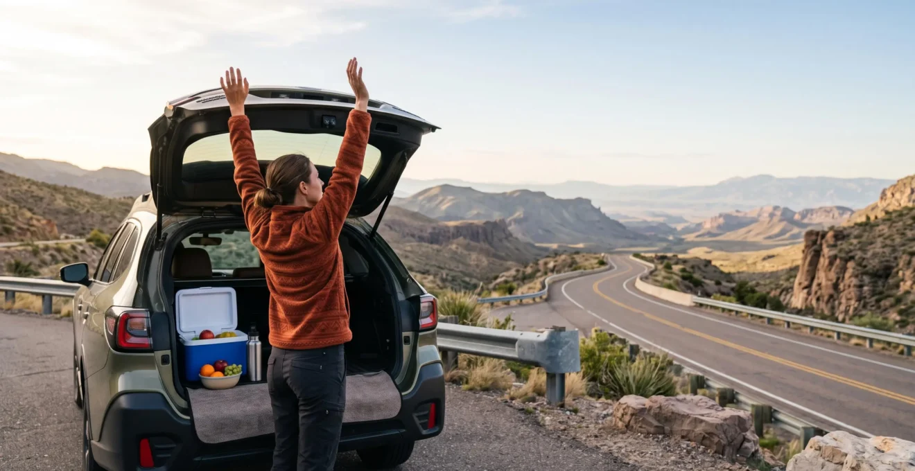 A traveler stretching beside a packed car on a scenic American highway at sunrise, surrounded by fresh produce and a water bottle