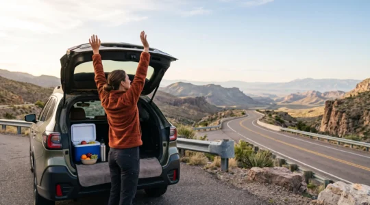 A traveler stretching beside a packed car on a scenic American highway at sunrise, surrounded by fresh produce and a water bottle