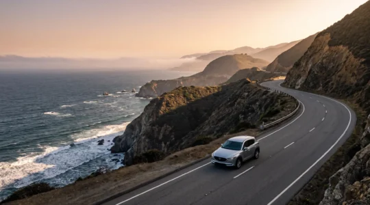 A car driving along a dramatic cliffside coastal highway at golden hour, symbolizing a multi-state US road trip