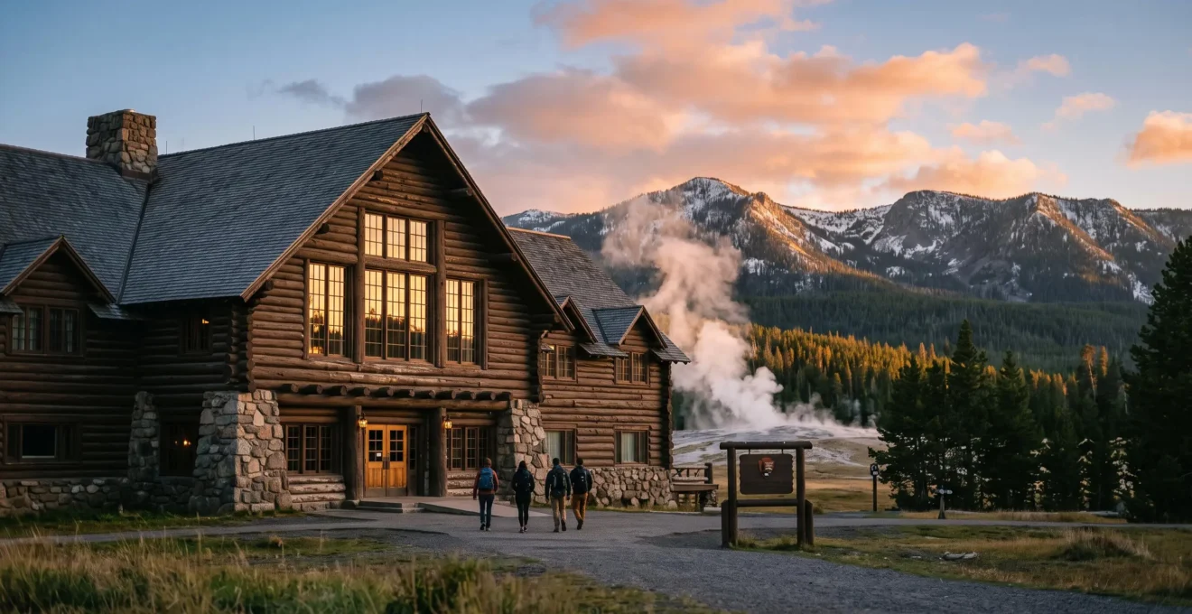 Wide exterior view of a historic timber and stone national park lodge glowing at golden hour with mountains behind it