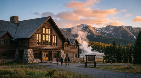 Wide exterior view of a historic timber and stone national park lodge glowing at golden hour with mountains behind it