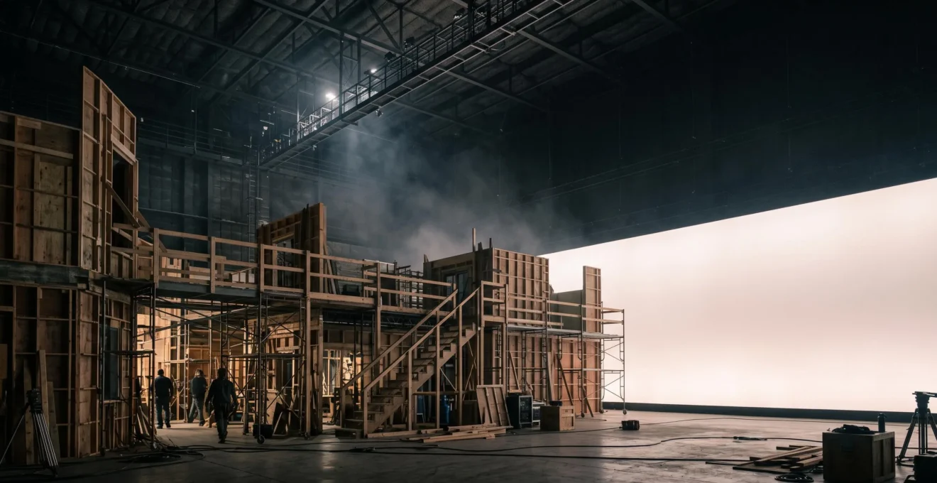 Wide editorial photograph of a massive Hollywood soundstage interior where a physical set dissolves into atmospheric light, symbolizing the creation of an artificial cinematic world