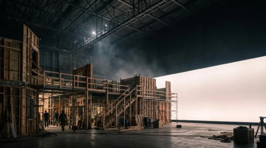 Wide editorial photograph of a massive Hollywood soundstage interior where a physical set dissolves into atmospheric light, symbolizing the creation of an artificial cinematic world