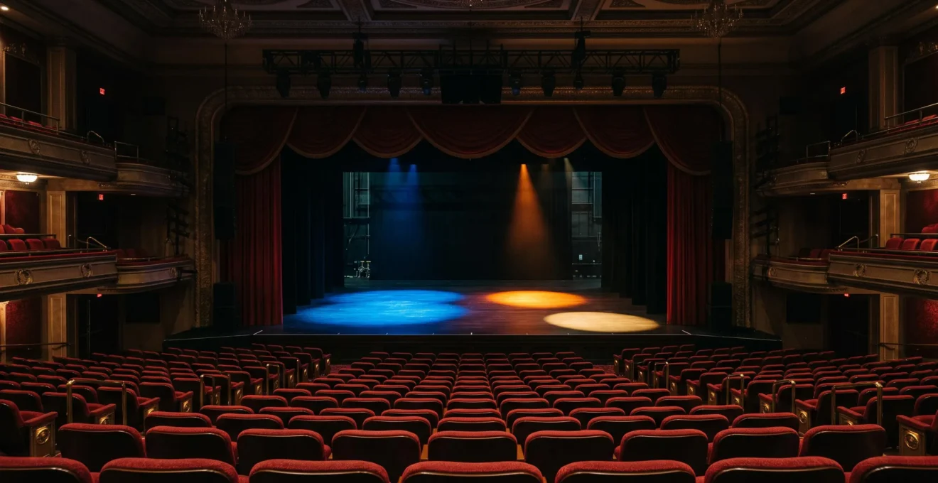 Wide editorial view of an empty grand Las Vegas theater stage bathed in dramatic light, symbolizing the choice between three iconic circus shows