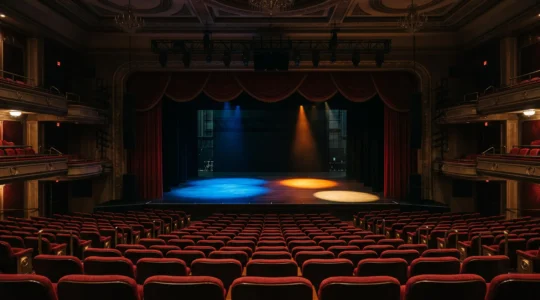 Wide editorial view of an empty grand Las Vegas theater stage bathed in dramatic light, symbolizing the choice between three iconic circus shows
