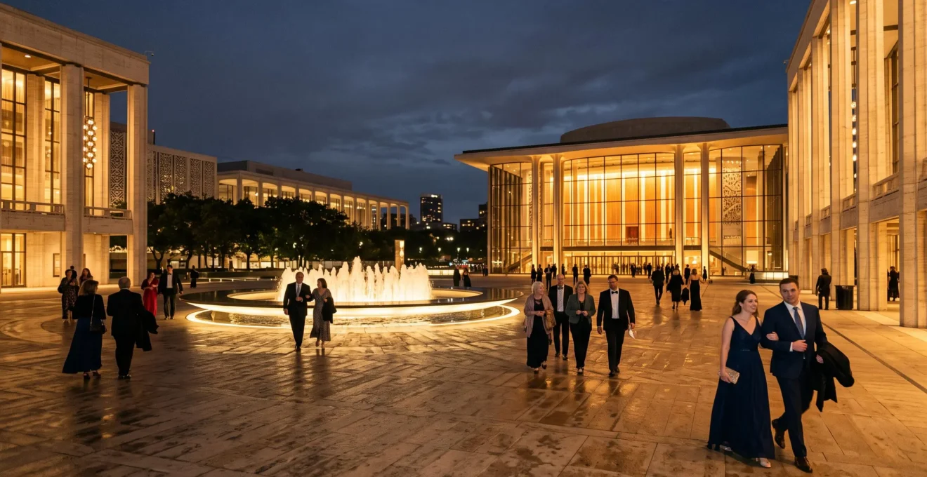 Wide view of Lincoln Center's illuminated plaza and fountain at dusk with visitors strolling toward the performance halls