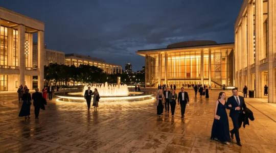 Wide view of Lincoln Center's illuminated plaza and fountain at dusk with visitors strolling toward the performance halls