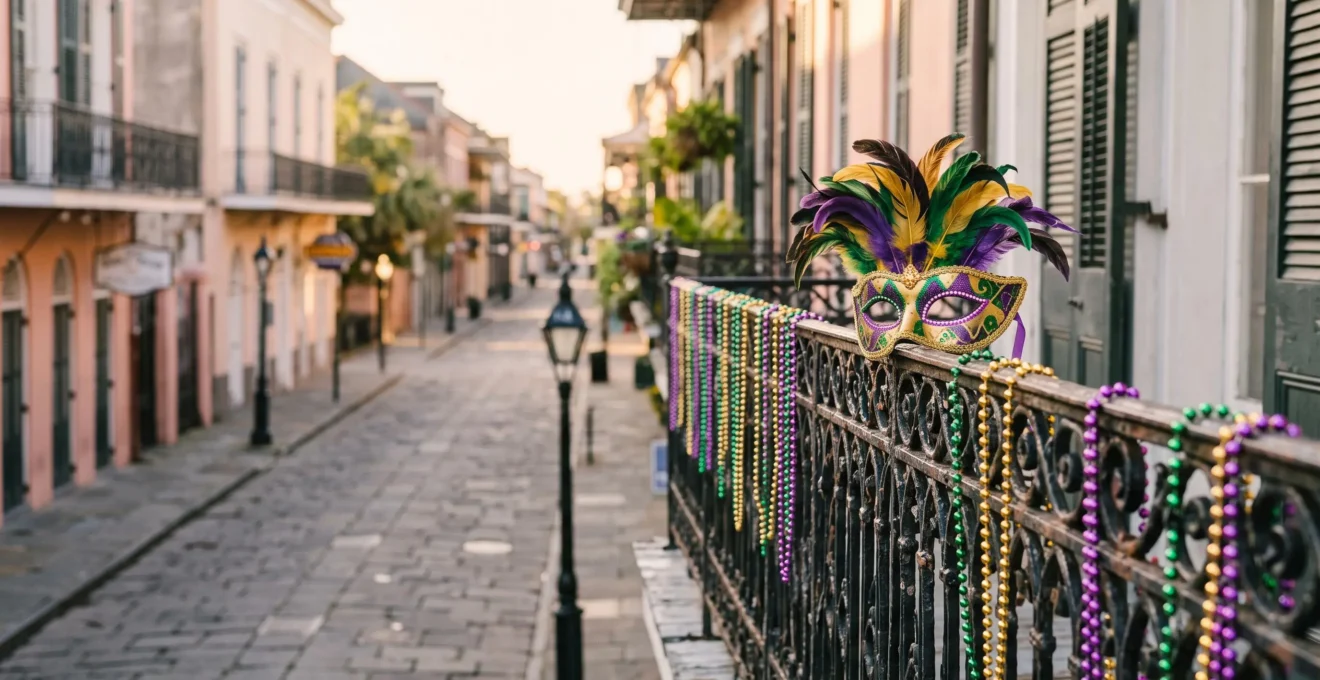Locals celebrating Mardi Gras together on a quiet residential street, away from the Bourbon Street crowds, with beads and masks in soft morning light