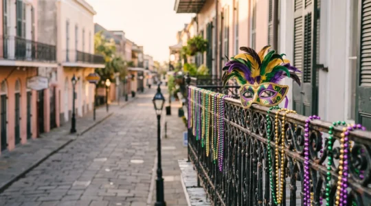 Locals celebrating Mardi Gras together on a quiet residential street, away from the Bourbon Street crowds, with beads and masks in soft morning light