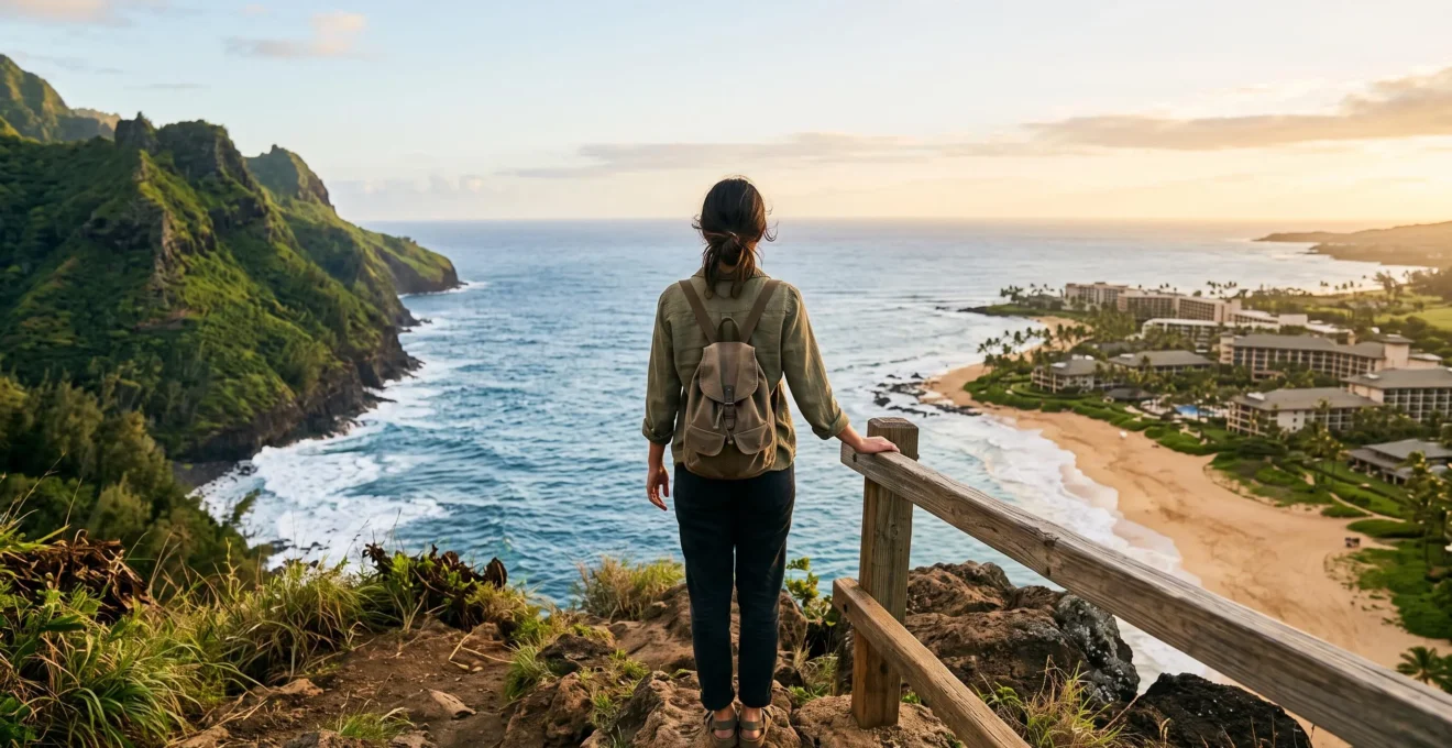 A traveler standing at a scenic overlook facing two contrasting Hawaiian landscapes, symbolizing the choice between Maui and Oahu.