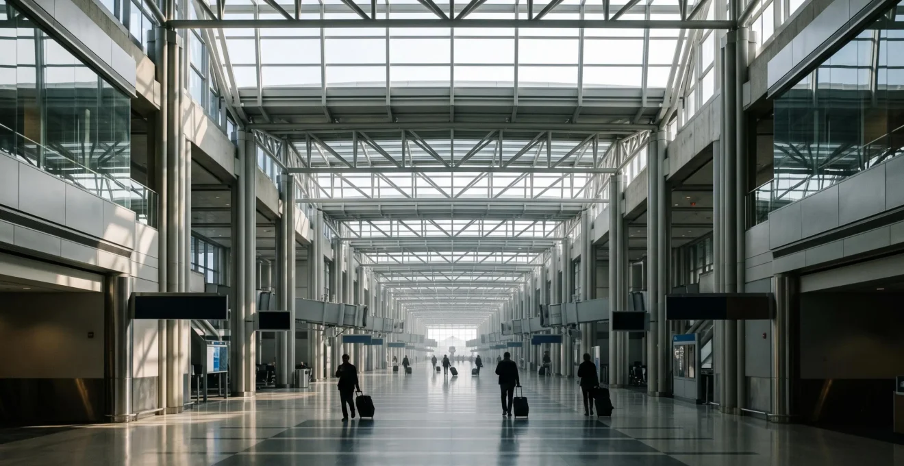 Wide symmetrical view of a vast modern US airport terminal concourse with travelers walking toward gates under soaring architecture