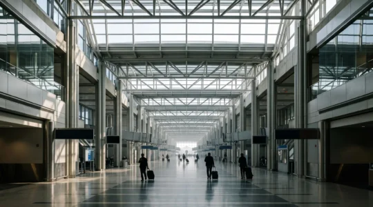 Wide symmetrical view of a vast modern US airport terminal concourse with travelers walking toward gates under soaring architecture