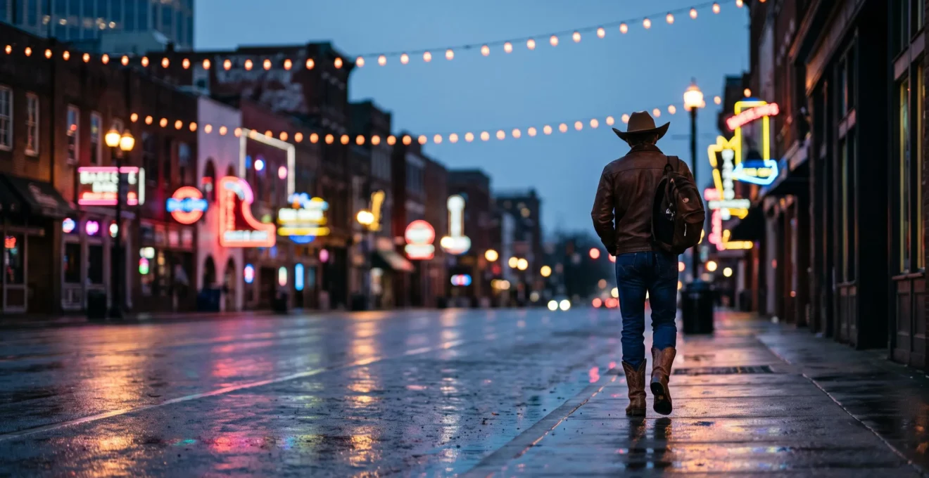 Wide editorial shot of a neon-lit honky-tonk strip at dusk with a lone figure walking toward the glow, evoking a night out on Nashville's Broadway