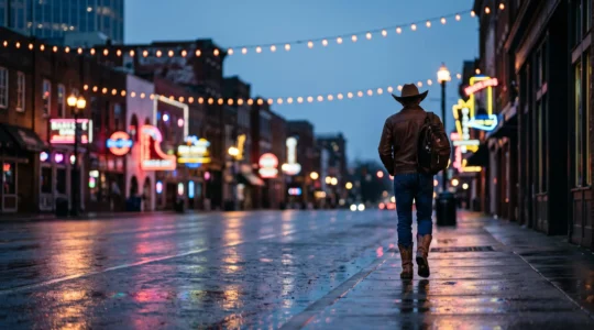 Wide editorial shot of a neon-lit honky-tonk strip at dusk with a lone figure walking toward the glow, evoking a night out on Nashville's Broadway