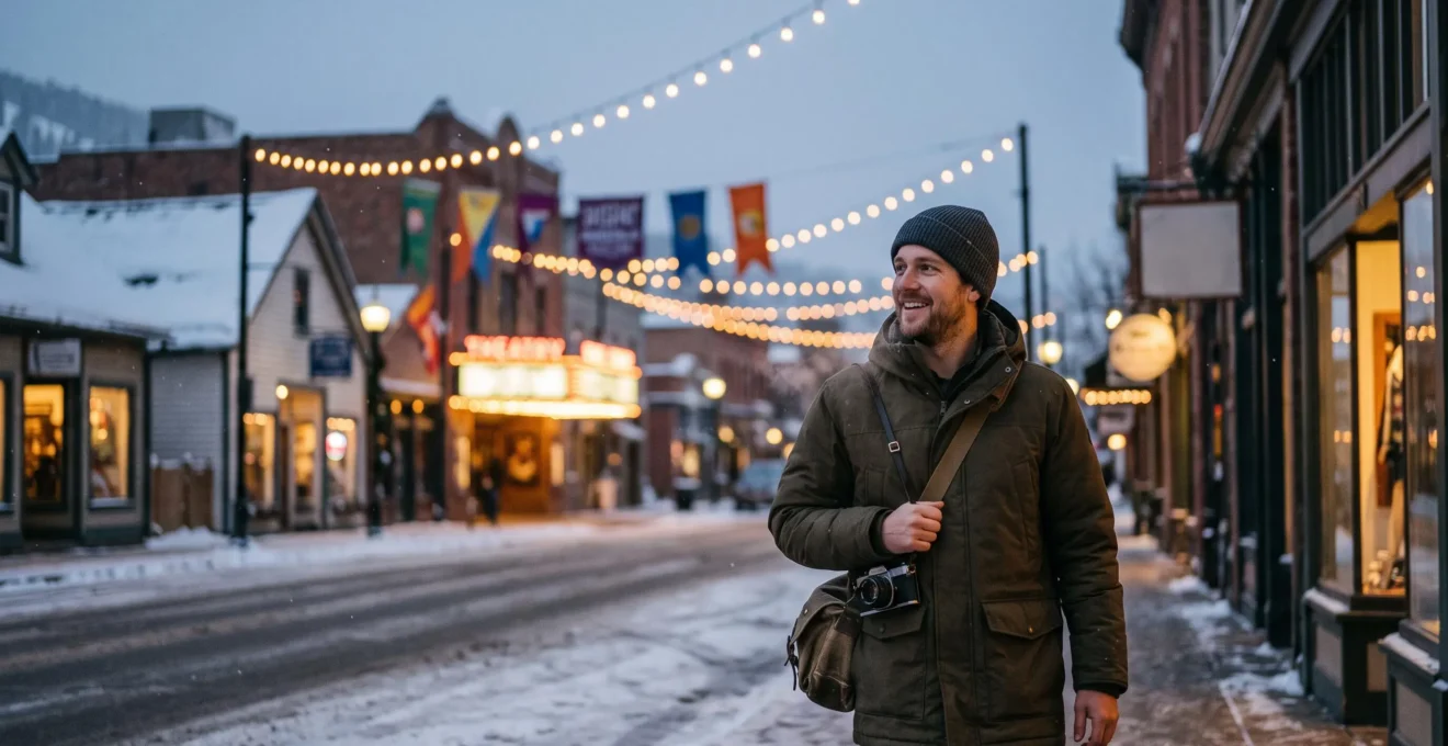 A film festival fan walking through a snowy mountain town street lined with theater marquees and festival banners, holding a festival badge lanyard, with soft winter light and a sense of quiet anticipation