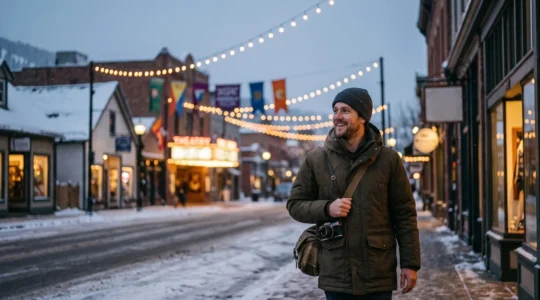 A film festival fan walking through a snowy mountain town street lined with theater marquees and festival banners, holding a festival badge lanyard, with soft winter light and a sense of quiet anticipation